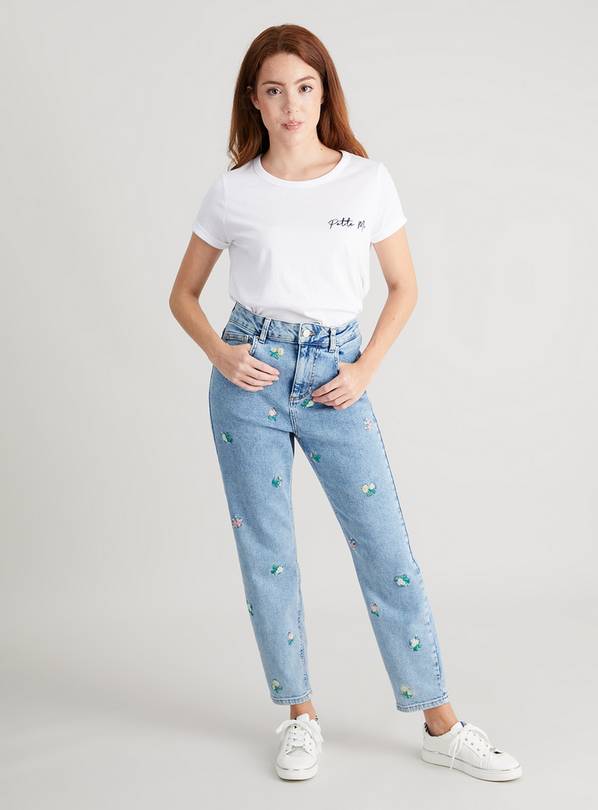 PETITE Light Wash Embroidered Flower Mom Jeans - 12